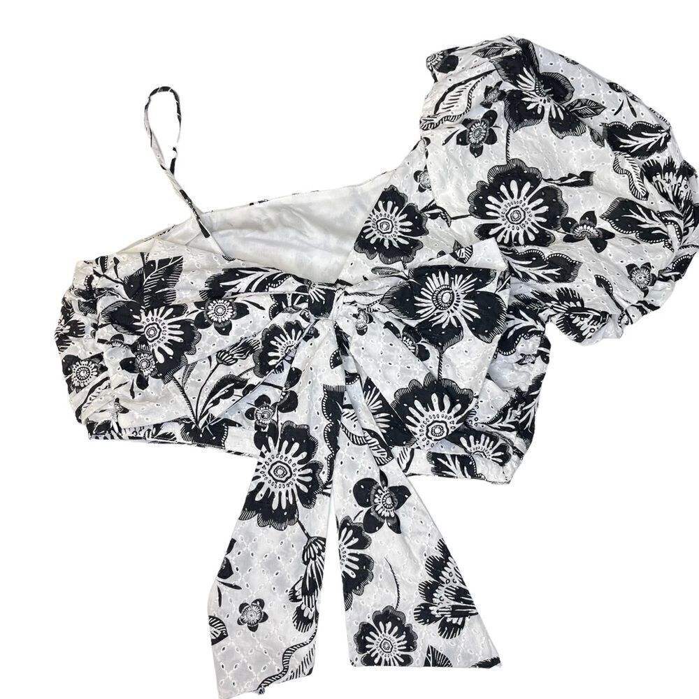 NEW Anthropologie Maeve Floral Eyelet Blouse Bow Back Black White 10 - Picture 6 of 13